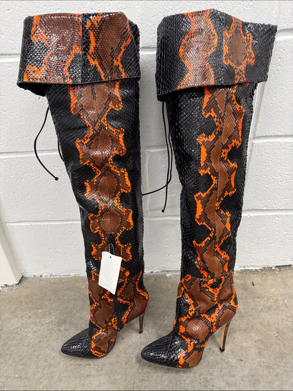 Brian Atwood Black and Orange Snake-Print Over-the-Knee Stiletto Boots - Picture 2 of 9